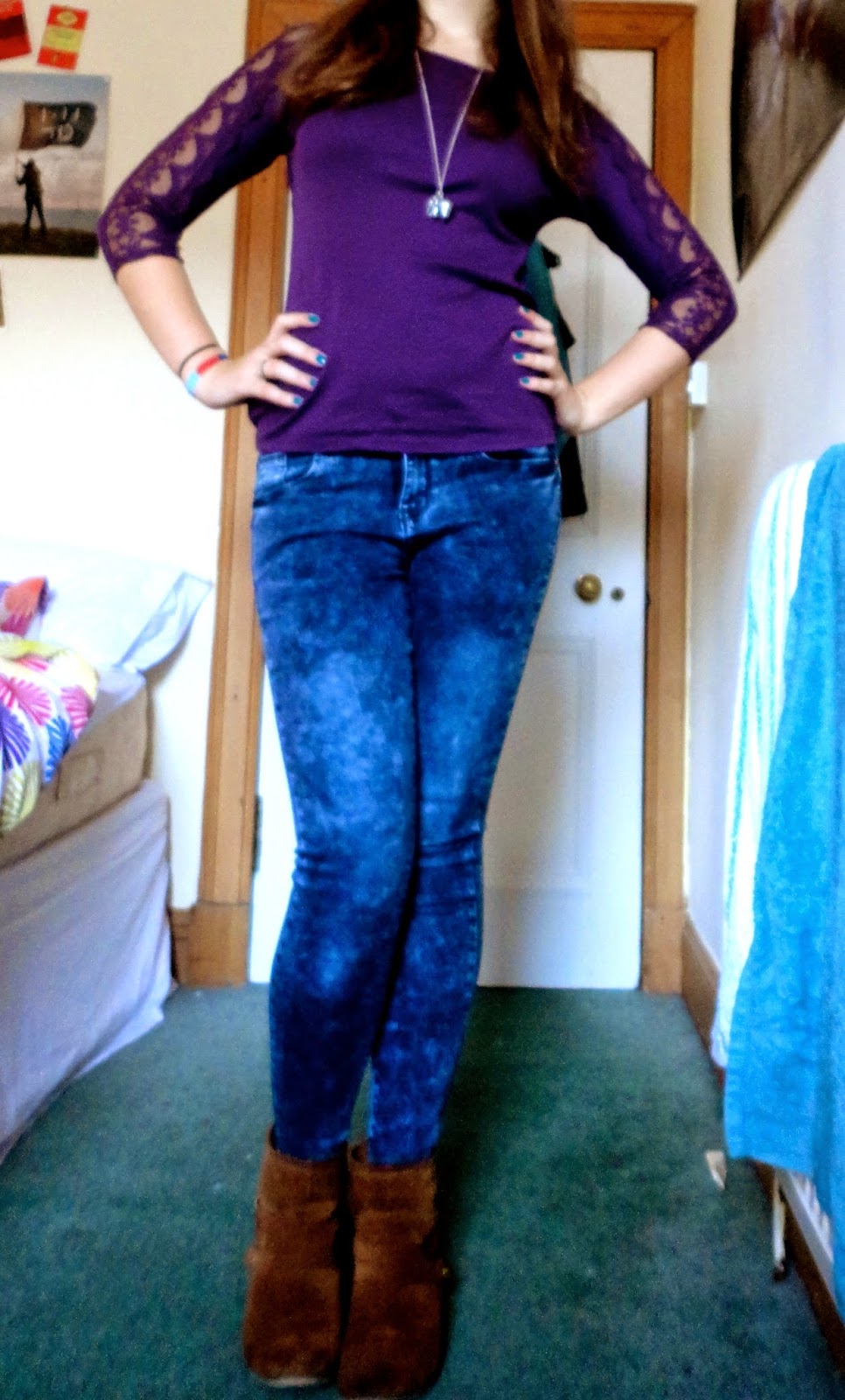 purple lace top acid wash blue jeans brown boots outfit