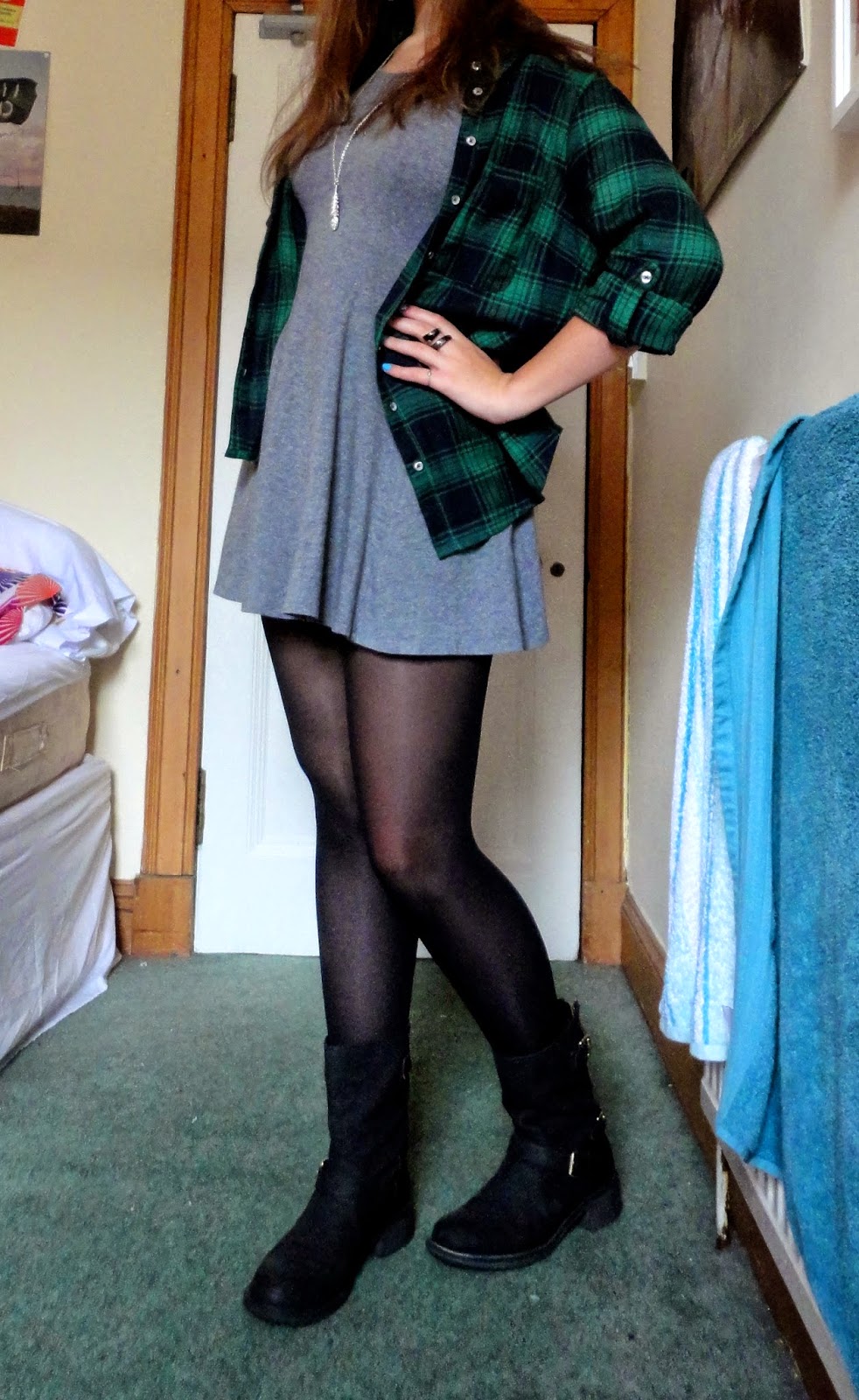 grey dress green checked plaid shirt black boots outfit