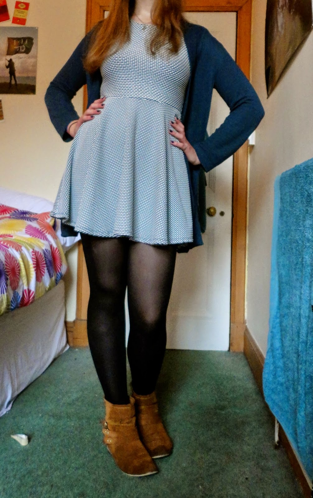 Dainty black & white dress with blue cardigans & brown ankle boots winter outfit