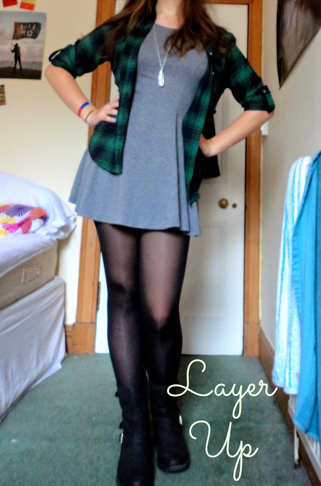 grey dress green checked plaid shirt outfit layer up text