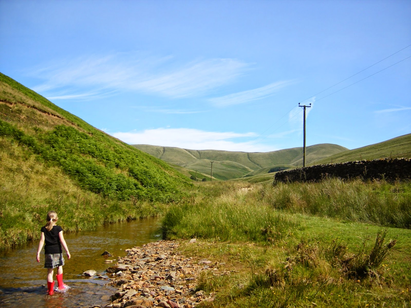 country landscape with hills and river/ stream in summer in scotland
