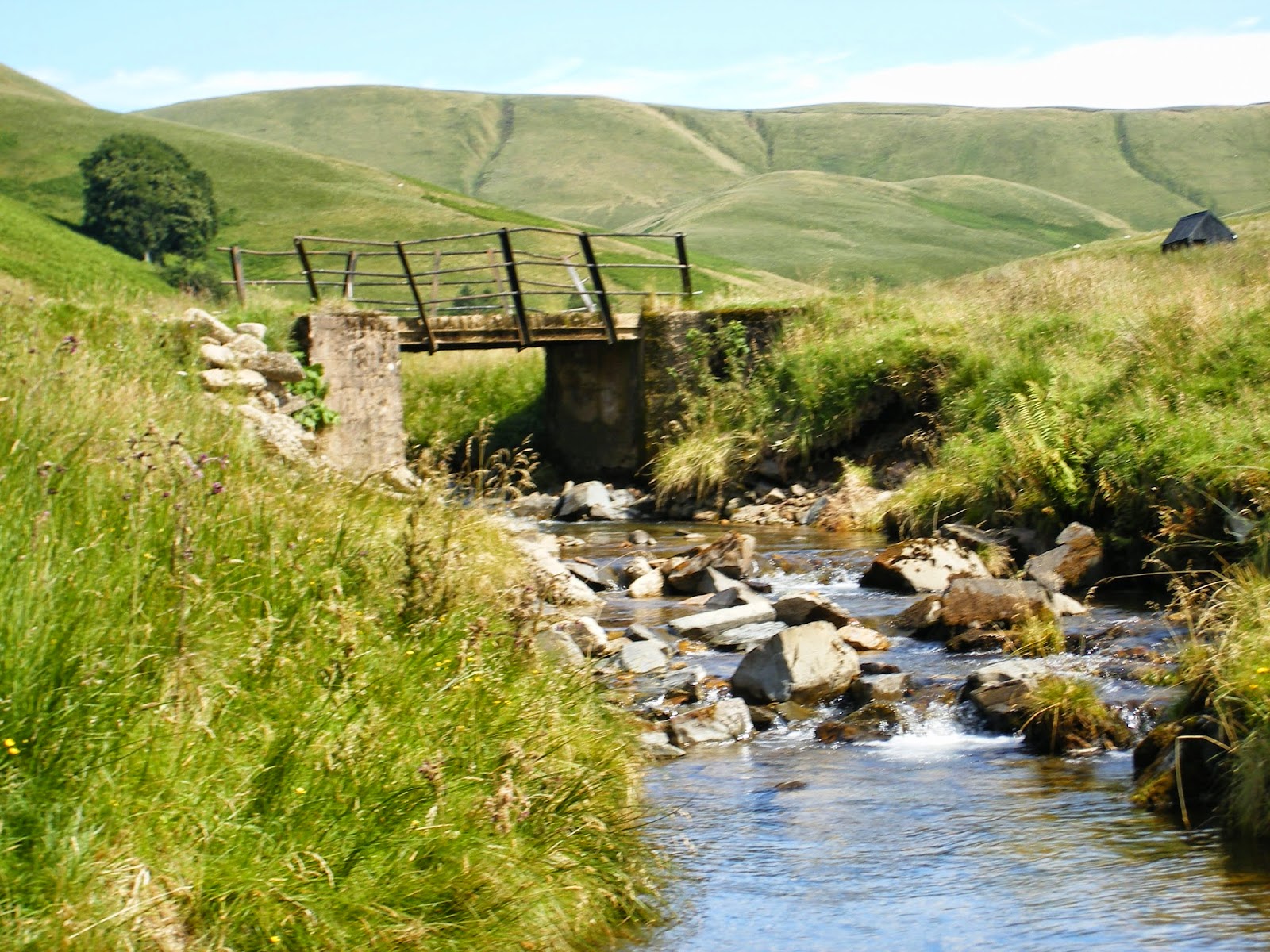 country landscape with hills, river/ stream and bridge in summer in scotland