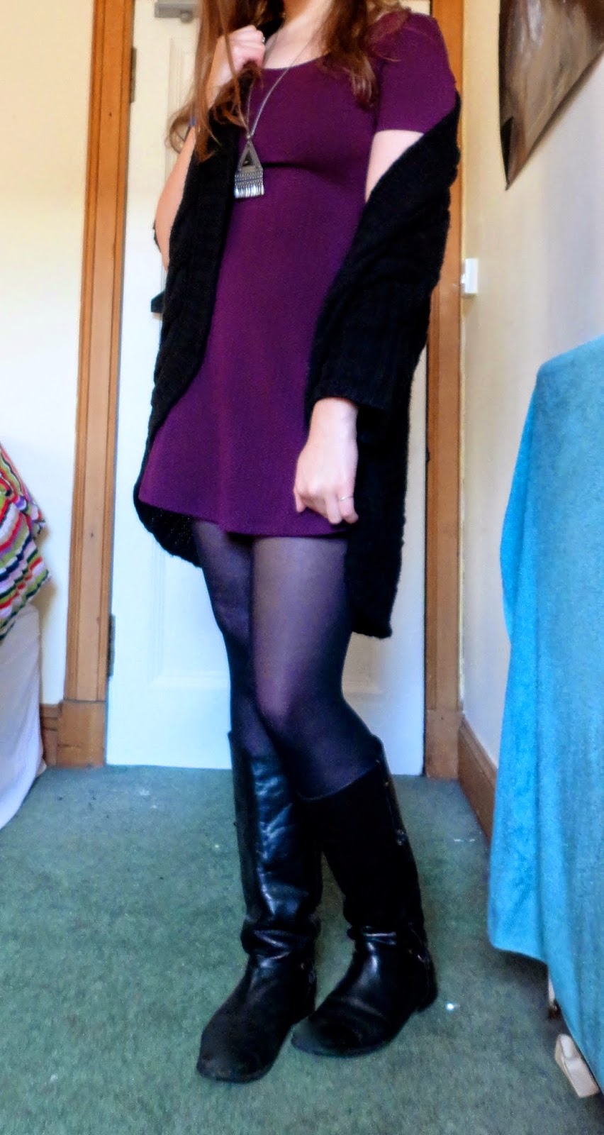 outfit of purple dress, black woollen cardigan & boots