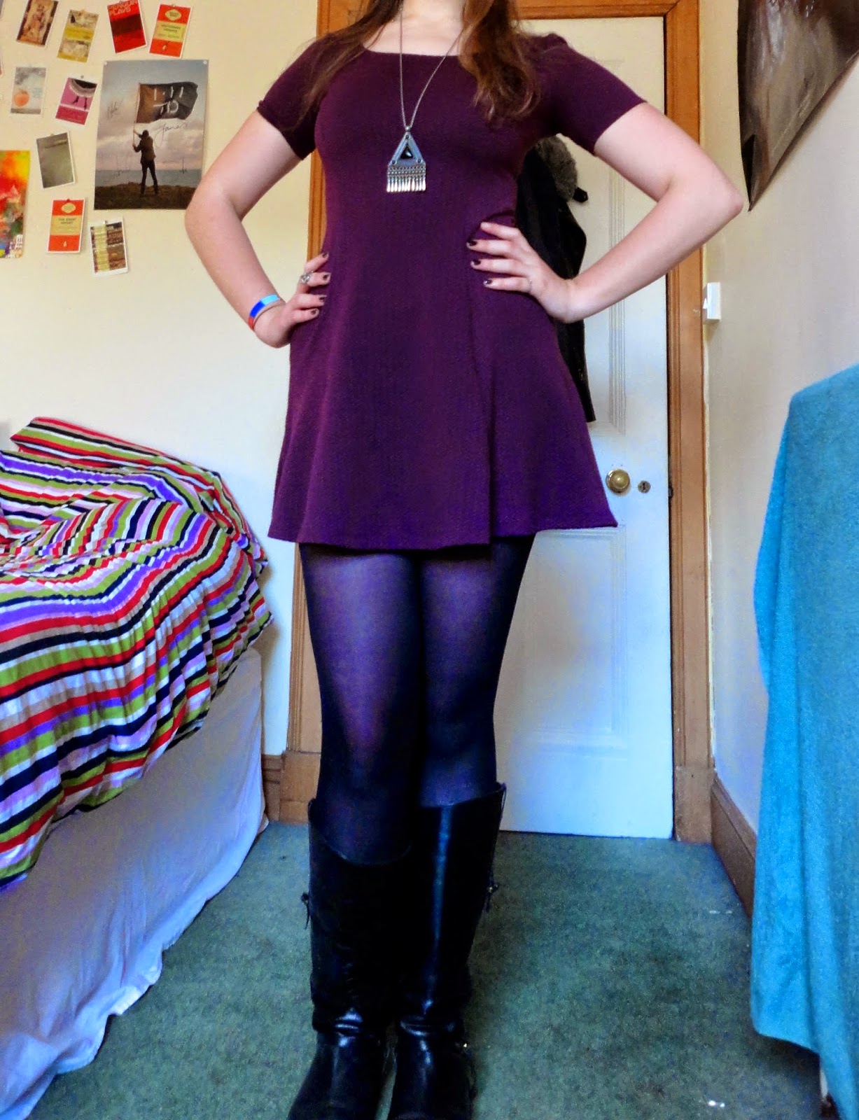 outfit of purple dress & black boots