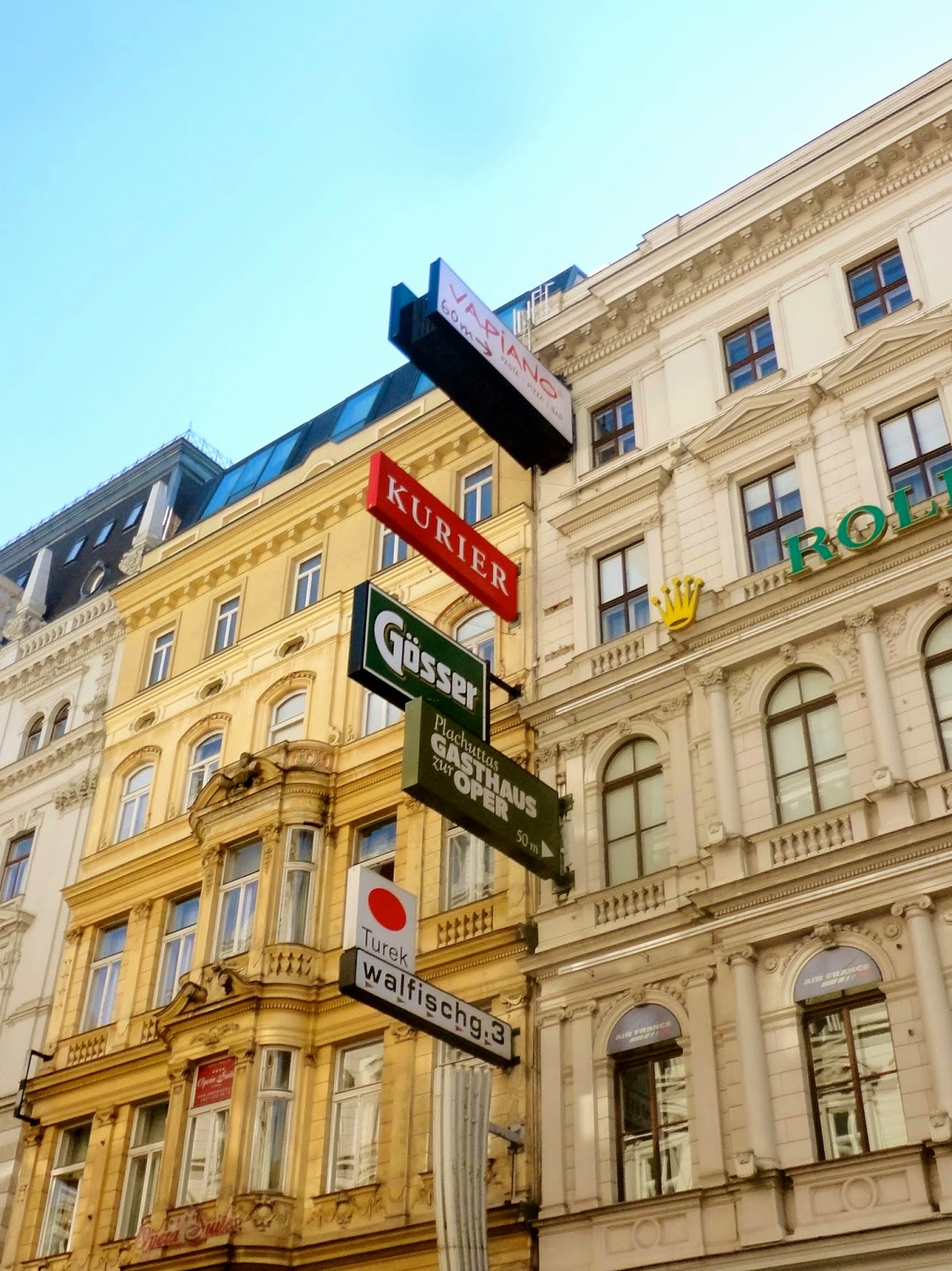 Building exterior with signs in Vienna, Austria
