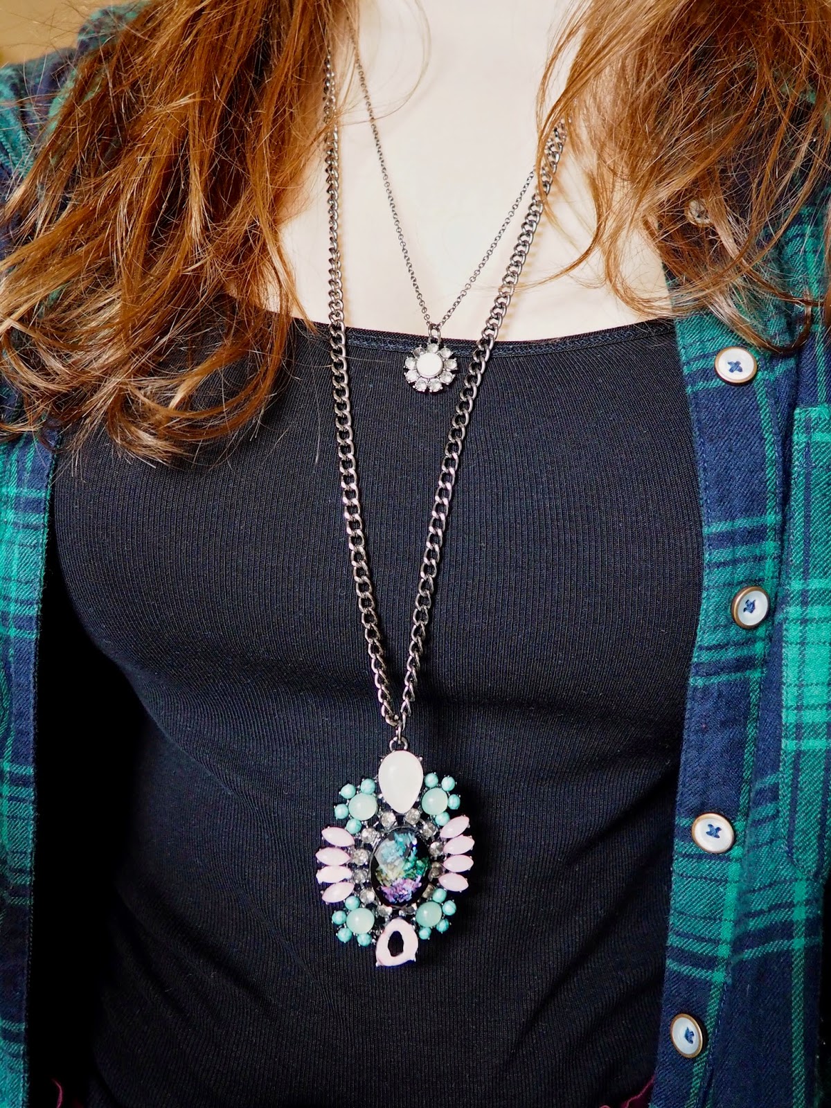 Statement Pieces outfit jewellery details | chunky layered flower shaped necklaces, with green, blue and pink jewels and stones