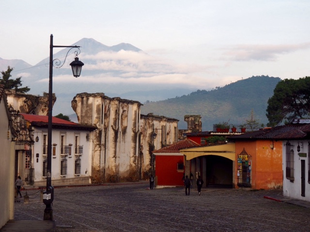 Volcano and buildings in Antigua, Guatemala at 6am