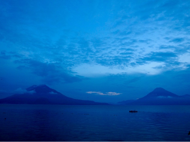 Lake Atitlán and the volcanoes, from Panajachel, Guatemala