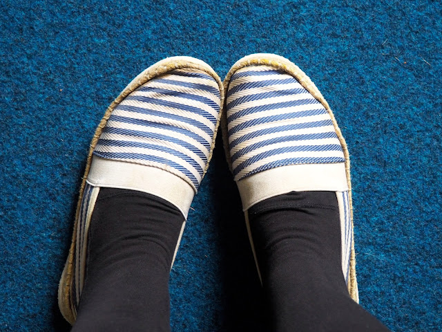 Summer Colours | outfit details of blue and white striped espadrille shoes