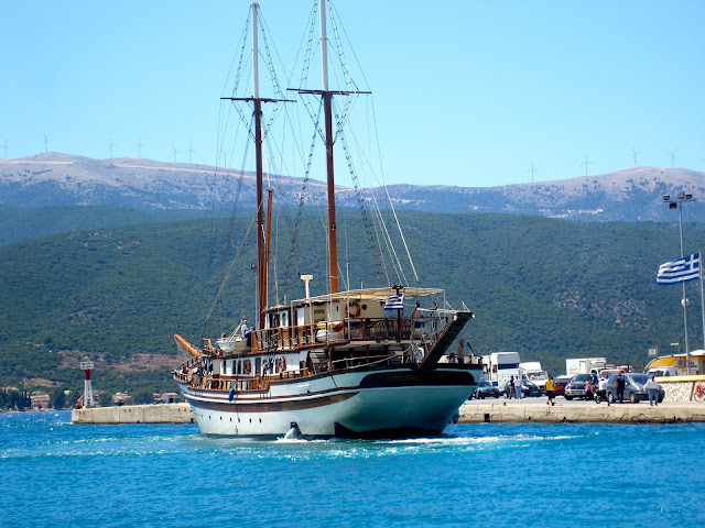 Large old fashioned pirate ship in the ocean on Kefalonia, Greece