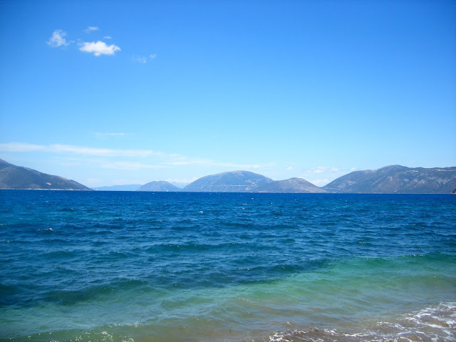 Ocean at the beach and mountains of Kefalonia, Greece