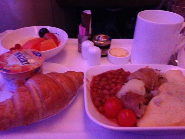Breakfast meal in business class of an Emirates Airbus 380