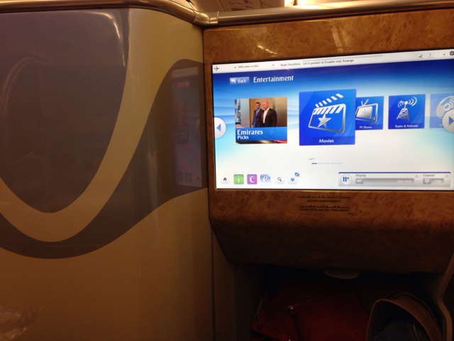 In flight entertainment system in business class of an Emirates Airbus 380