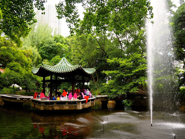Chinese pavilion and fountain inside Kowloon Park, TST, Hong Kong