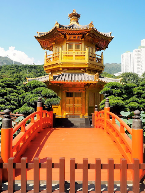 Chinese pavilion building in Nan Lian Gardens, Kowloon, Hong Kong
