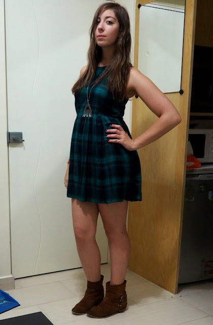Taste of Tartan | outfit of short green tartan dress, with brown ankle boots and silver jewellery