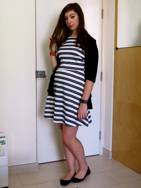Simple Stripes | outfit of black & white striped skater dress with a black cardgian and black flat shoes for work