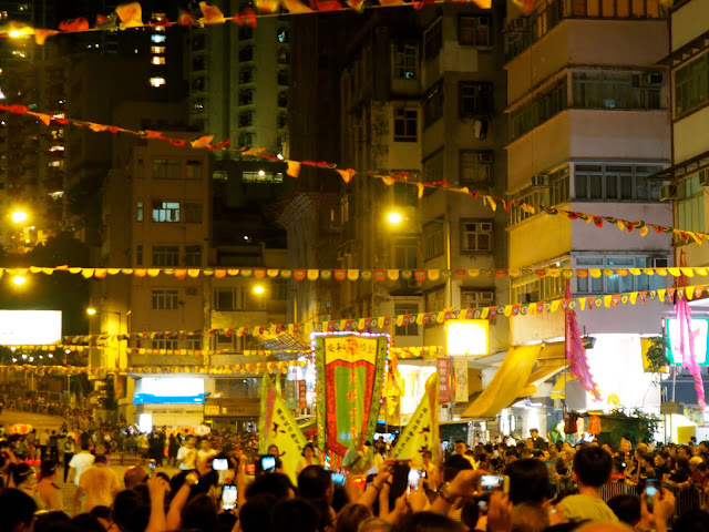 Streets crammed with people, flags and lanterns | Tai Hang Fire Dragon Dance during Hong Kong Mid-Autumn Festival