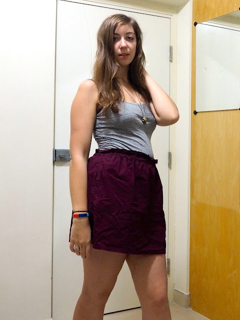 Perks of Pockets | outfit of grey patterned vest top & burgundy purple mini skirt