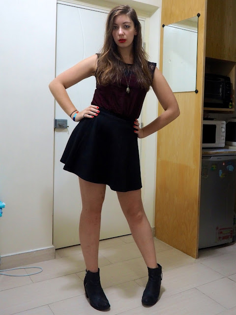 Something Wicked | night out outfit of red top with black lace, black skater skirt, and black ankle boot high heels