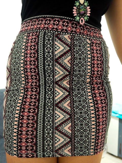 Candy Colours | outfit details, close up of pink geometric patterns on short, tight pencil skirt
