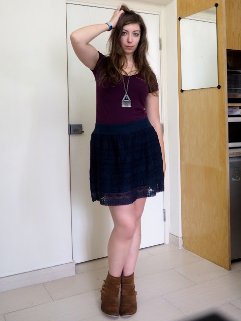 Shades of Midnight | outfit of purple t-shirt, dark blue lace skirt and brown suede ankle boots