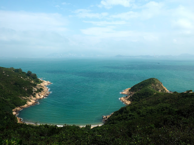 View of ocean, coastline, and beach inlet from North Lookout Pavilion on Cheung Chau Island, Hong Kong