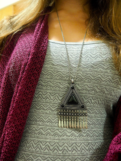 Geometry | outfit jewellery details of black and silver geometric tribal pendant necklace, with grey patterned top