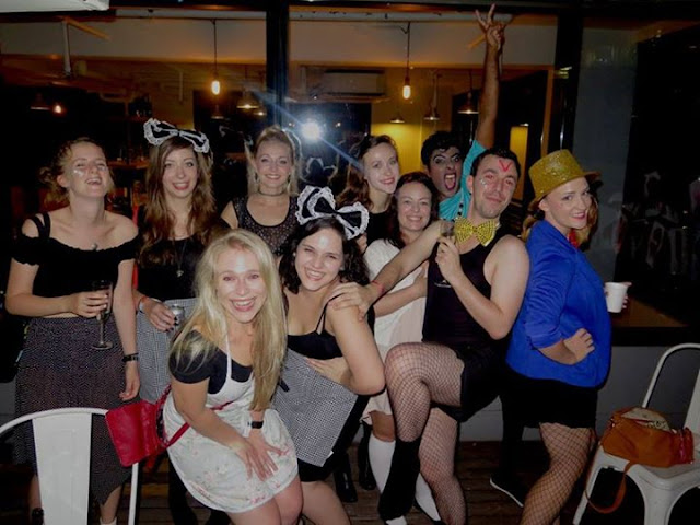 The gang in fancy dress at Rocky Horror Picture Show outdoor Halloween screening at The Hive in Wan Chai, Hong Kong