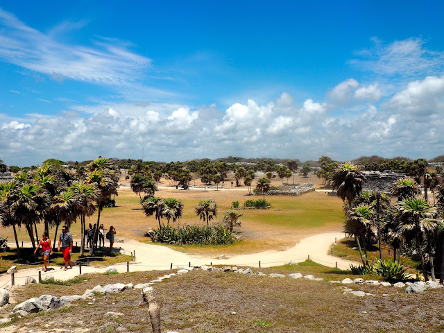 Palm trees and Mayan ruins of Tulum, Mexico