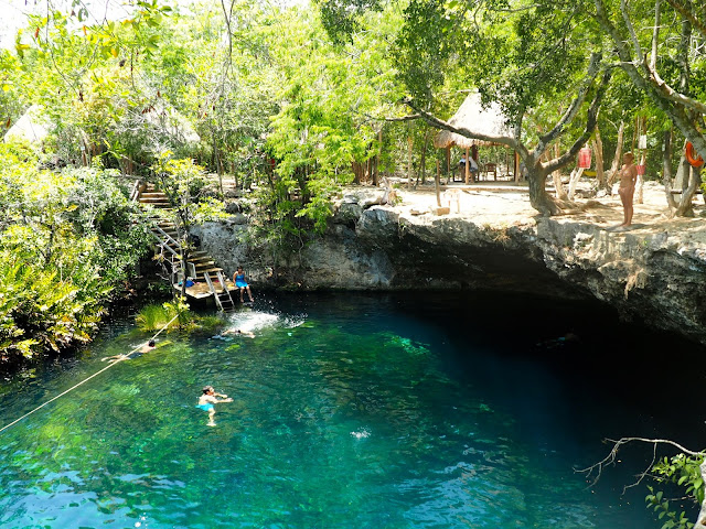 Clear blue lagoon in the jungle - Cenote Jardin del Eden, near Tulum, Mexico