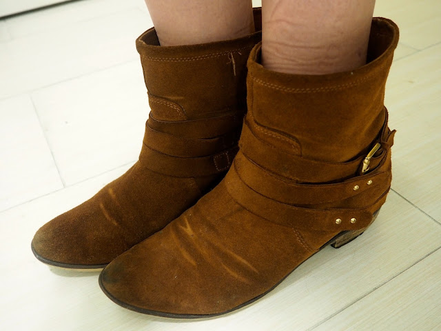 Fly Away | outfit shoe details of brown suede gold buckled ankle boots with straps
