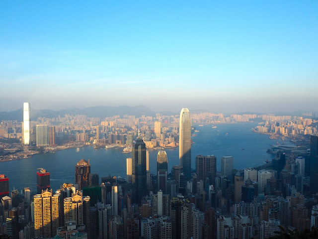View of Hong Kong skyline, including Central, Kowloon and Victoria harbour, taken from The Peak