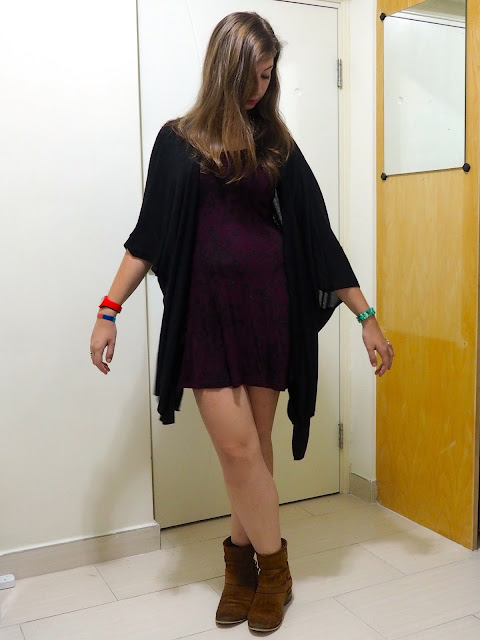 Fly Away | outfit of short dark purple floral dress, with loose black cape cardigan and brown suede ankle boots