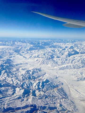 View of snowy mountains in East Turkey from an airplane window, on the flight home from Hong Kong to the UK