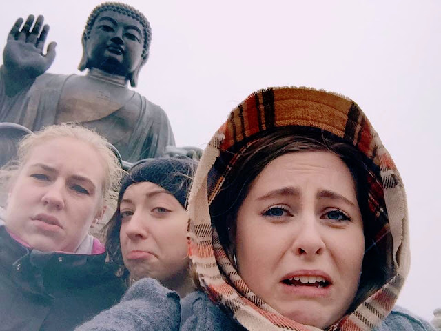 Selfie with the Big Buddha in the cold & the rain, Lantau Island, Hong Kong