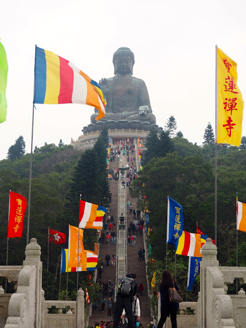 View of Big Buddha / Tian Tan Buddha from the circle podium in Ngong Ping Piazza, Lantau Island, Hong Kong