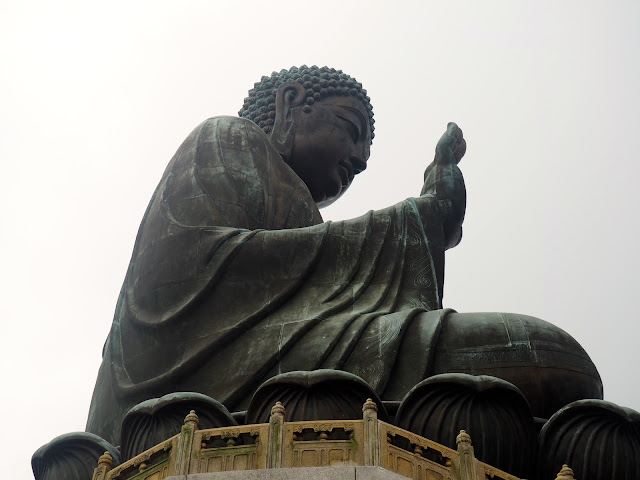 Close up side view of the Big Buddha/ Tian Tan Buddha statue, Ngong Ping, Lantau Island, Hong Kong