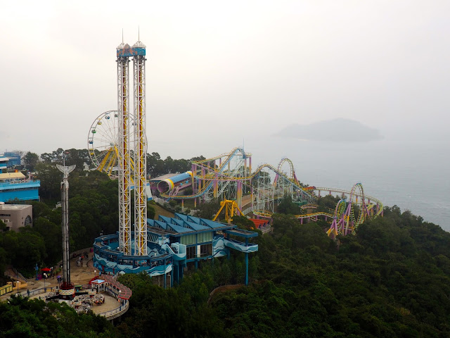 View of Marine World rollercoasters and rides in Ocean Park, Hong Kong