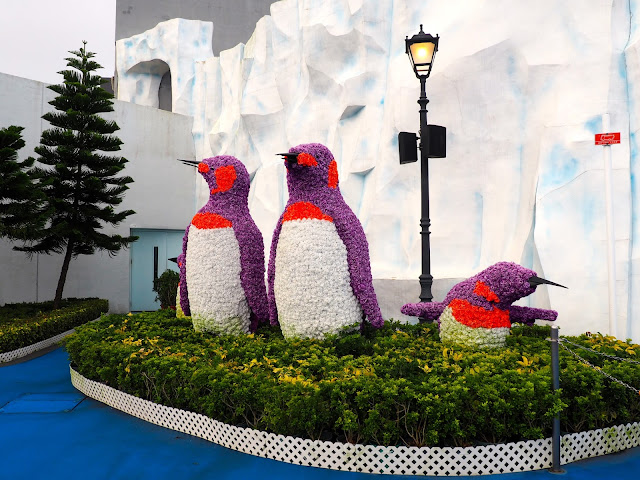 Floral penguin display in Polar Adventure area of Ocean Park, Hong Kong