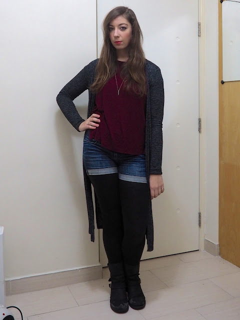 Wine Red | outfit of burgundy red top, long grey knit cardigan, denim shorts, black leggings & biker boots