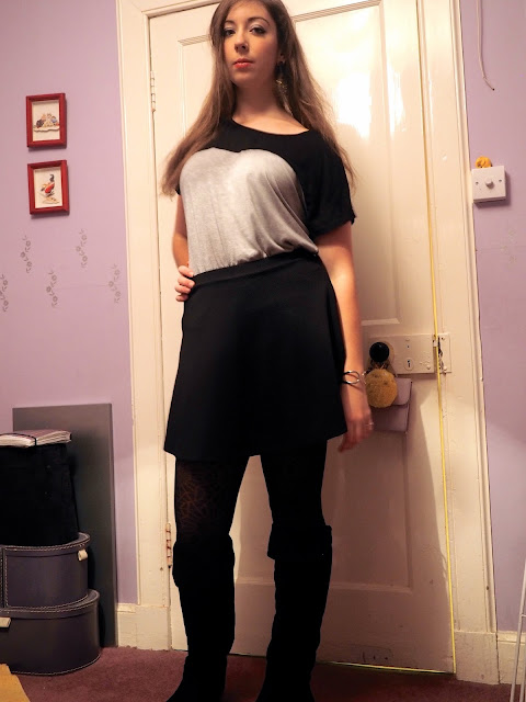 Black Suede Boots | outfit of simple grey & black top, black skater skirt & knee high black suede boots