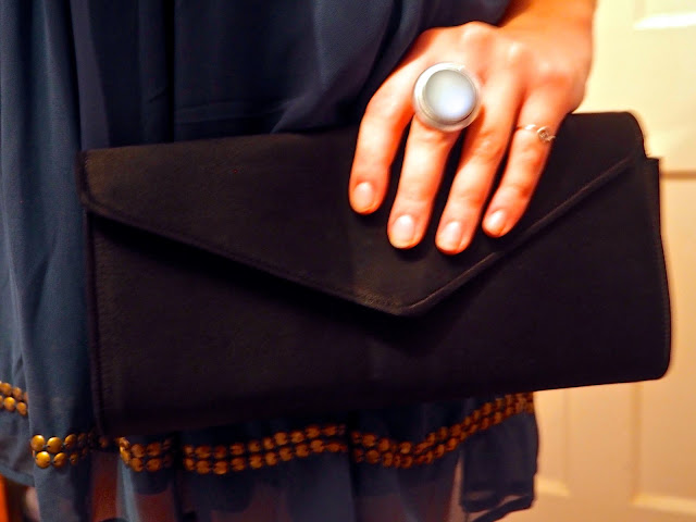 New Year | outfit accessory details of plain black clutch bag and large blue stone ring