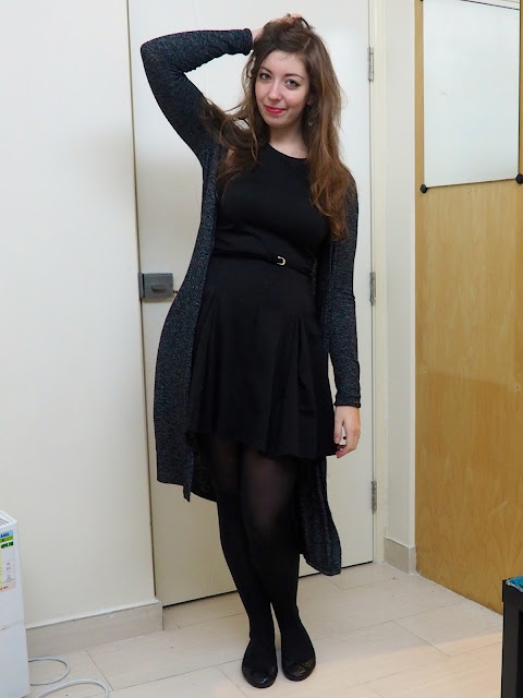 LBD - outfit of little black skater dress with velvet belt, grey cardigan, black tights and flat ballet shoes