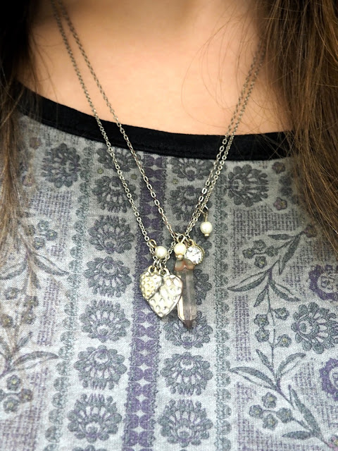 Laced Up | outfit jewellery details of layered silver necklaces with heart and gem pendants