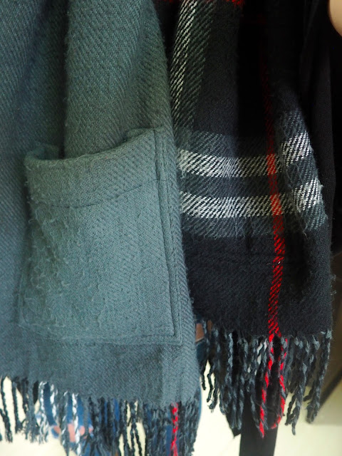 Rough Around the Edges | outfit details of double sided scarf, grey with pockets and black and red tartan