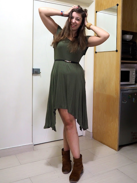 In the Jungle | work outfit of long, loose, forest green dress with belted waist and brown ankle boots
