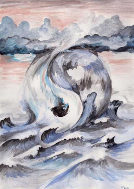 Yin Yang symbol of balance painting made from clouds and waves