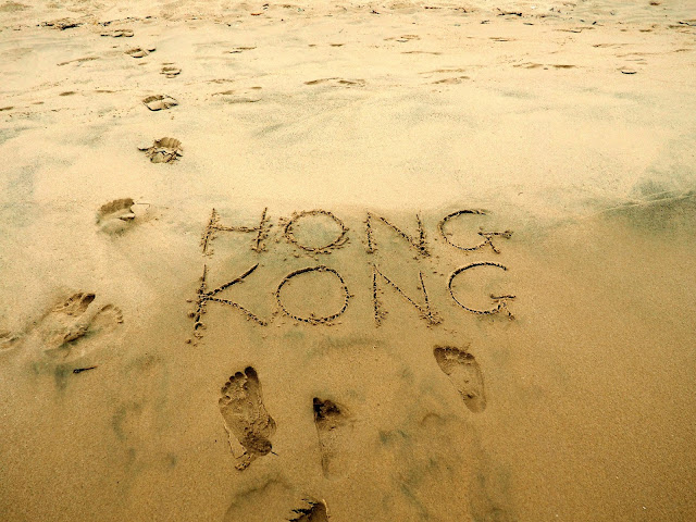 Hong Kong written in the sand on Cheung Sha beach, Lantau Island, Hong Kong