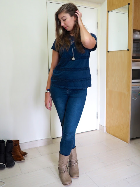 True Blue | outfit of dark blue lace patterned t-shirt, blue skinny jeans, and short chunky brown boots